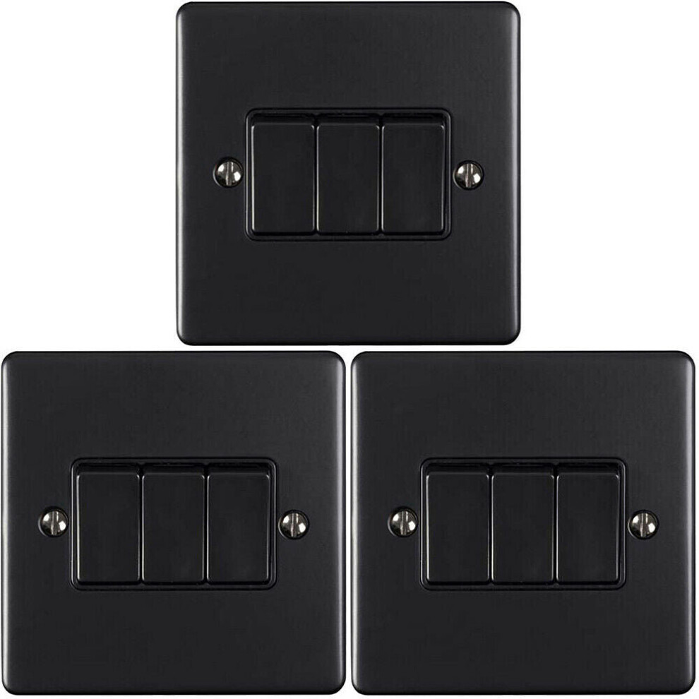 3 PACK 3 Gang Metal Triple Light Switch MATT BLACK 2 Way 10A Black Trim