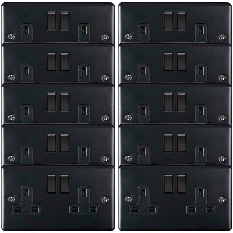 10 PACK 2 Gang Double UK Plug Socket MATT BLACK 13A Switched Power Outlet