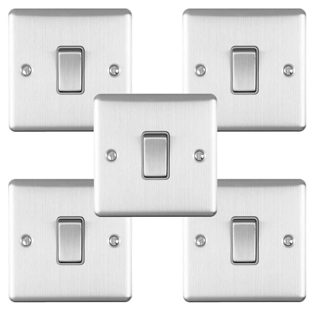 5 PACK 1 Gang Single Light Switch SATIN STEEL 2 Way 10A Grey Trim & Metal