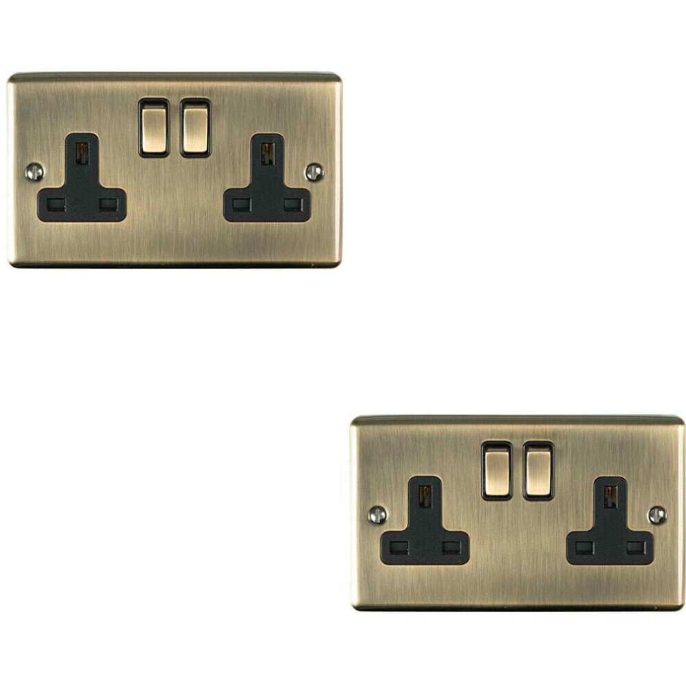 2 Pack 2 Gang Double Uk Plug Socket Antique Brass 13A Switched Power Outlet