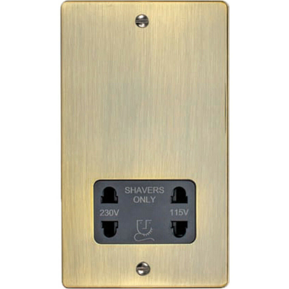 230v & 115v Shaver Twin Socket Wall Plate ANTIQUE BRASS & Black Trim 86 x 146mm