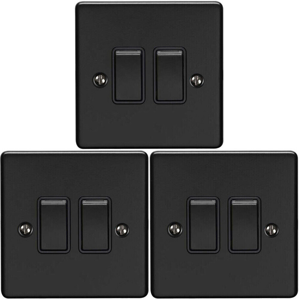 3 PACK 2 Gang Double Metal Light Switch MATT BLACK 2 Way 10A Black Trim