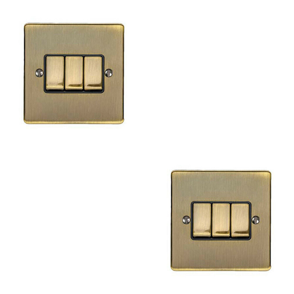 2 PACK 3 Gang Metal Triple Light Switch ANTIQUE BRASS 2 Way 10A Black Trim