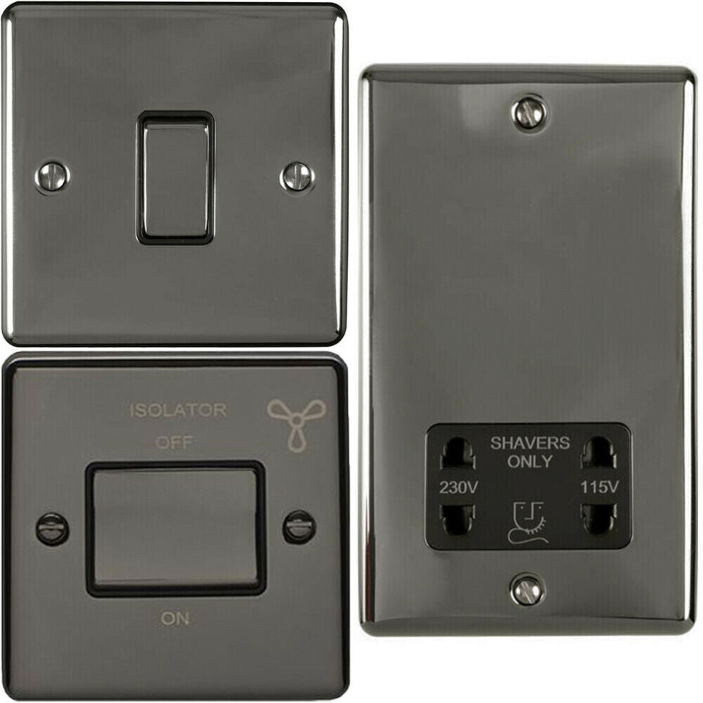 BLACK NICKEL Bathroom Switch Set-1 Light | 1 Fan Isolator | 1 Twin Shaver Socket