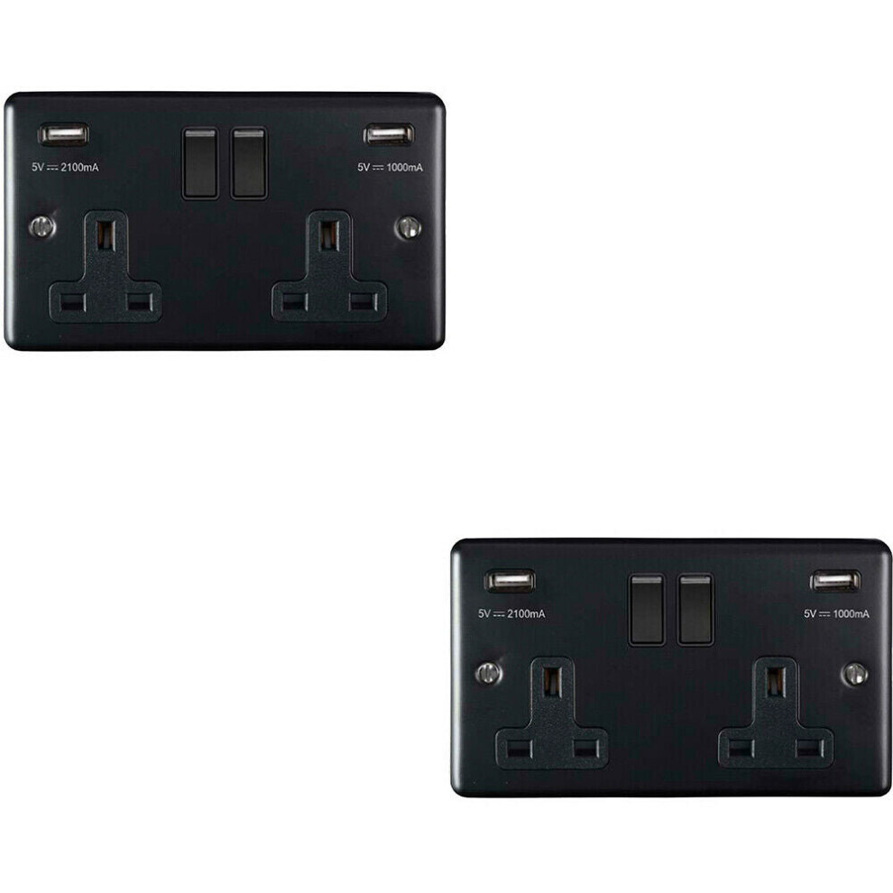 2 PACK 2 Gang Single UK Plug Socket & 2.1A USB MATT BLACK & Black 13A Switched