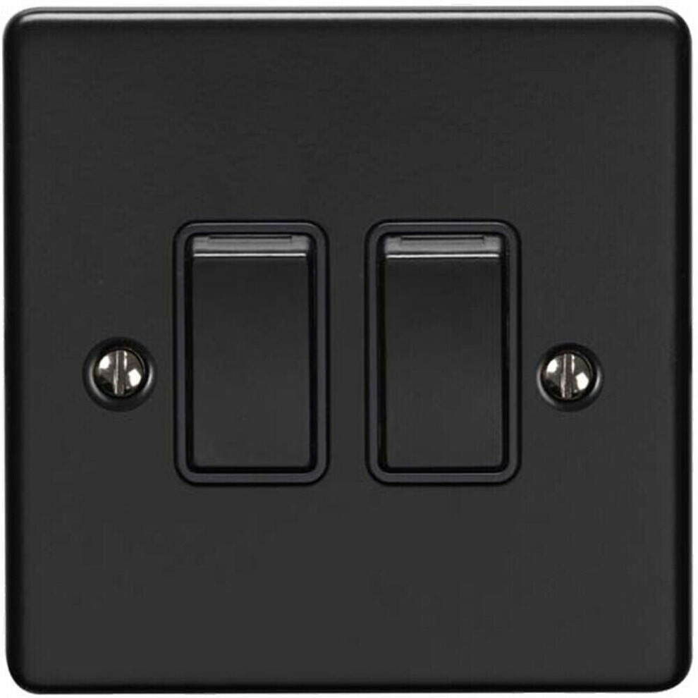 Loops 2 Gang Double Light Switch Matt Black 2 Way 10A Black Trim & Metal Rocker