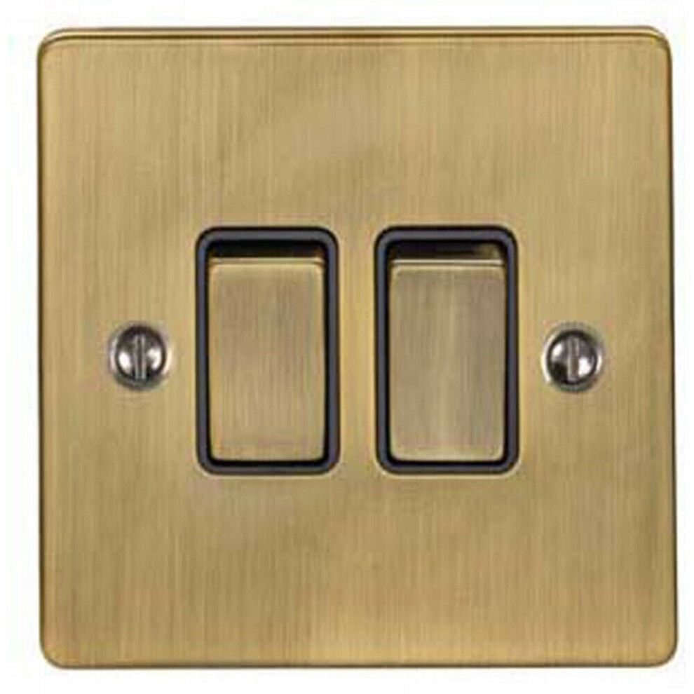 2 Gang Double Light Switch Antique Brass 2 Way 10A Black Trim & Metal Rocker 5056524221716
