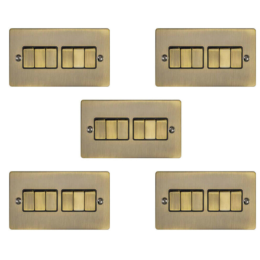 5 PACK 6 Gang Metal Multi Light Switch ANTIQUE BRASS 2 Way 10A Black Trim