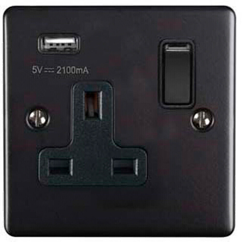 1 Gang Single UK Plug Socket & 2.1A USB Charger MATT BLACK 13A Switched