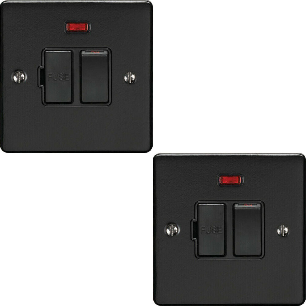 2 PACK 13A DP Switched Fuse Spur & Neon Light MATT BLACK & Black Isolation