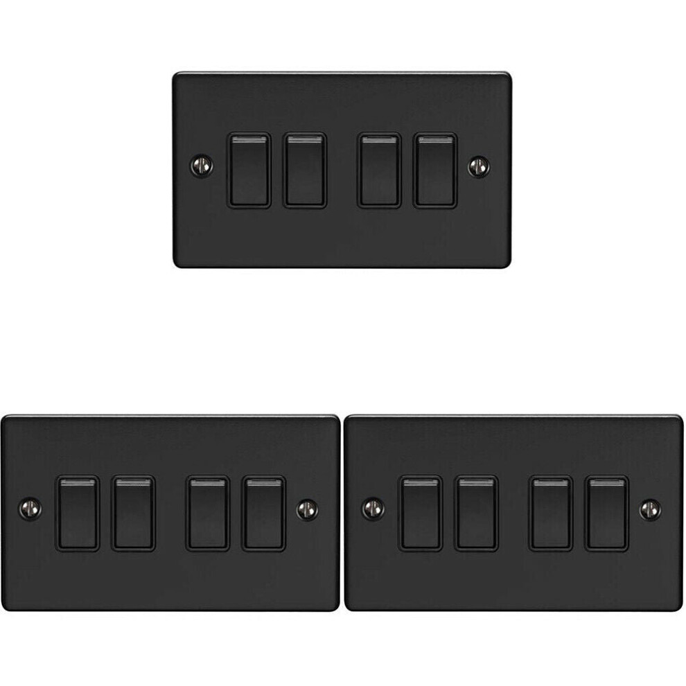 3 PACK 4 Gang Quad Light Switch MATT BLACK 2 Way 10A Black Trim