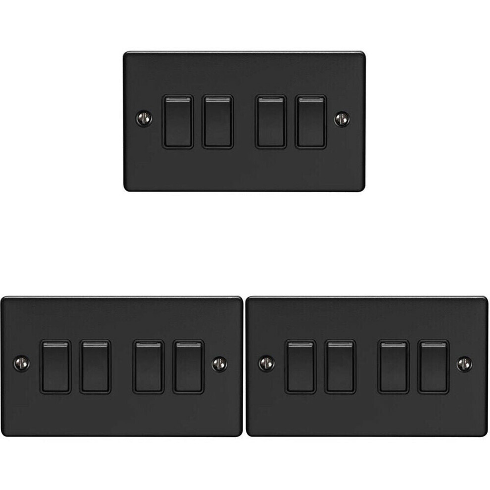 Loops 3 Pack 4 Gang Quad Light Switch Matt Black 2 Way 10A Black Trim
