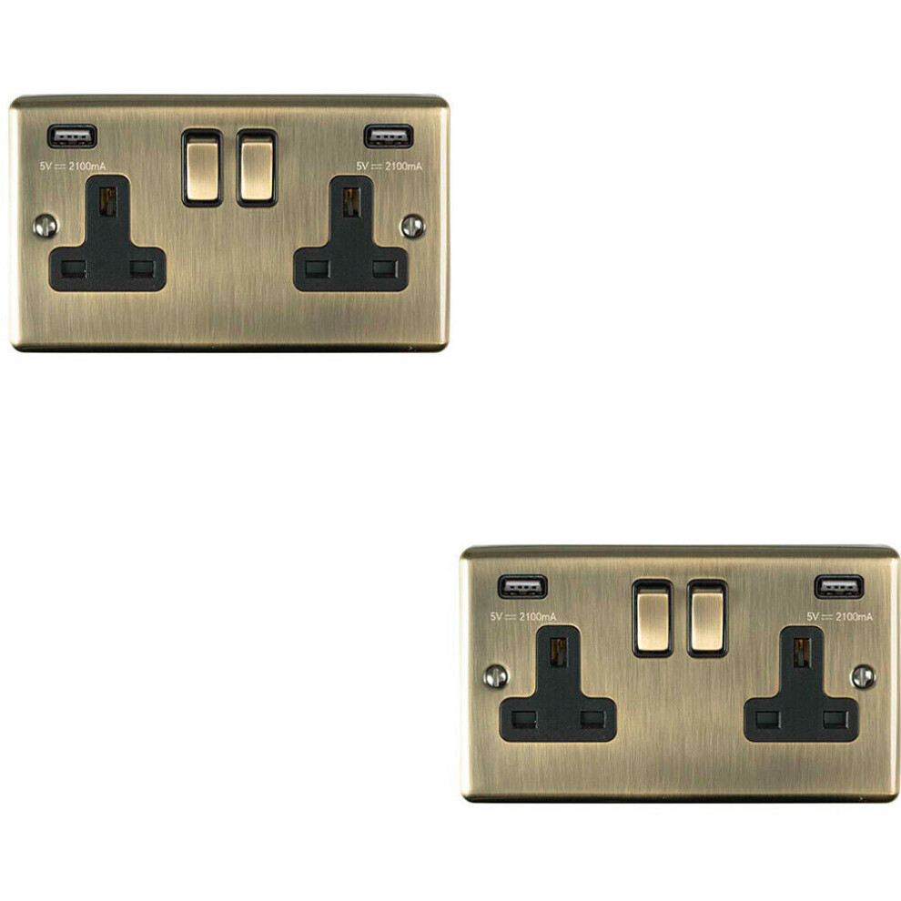 2 PACK 2 Gang Single UK Plug Socket & 2.1A USB ANTIQUE BRASS Black 13A Switched