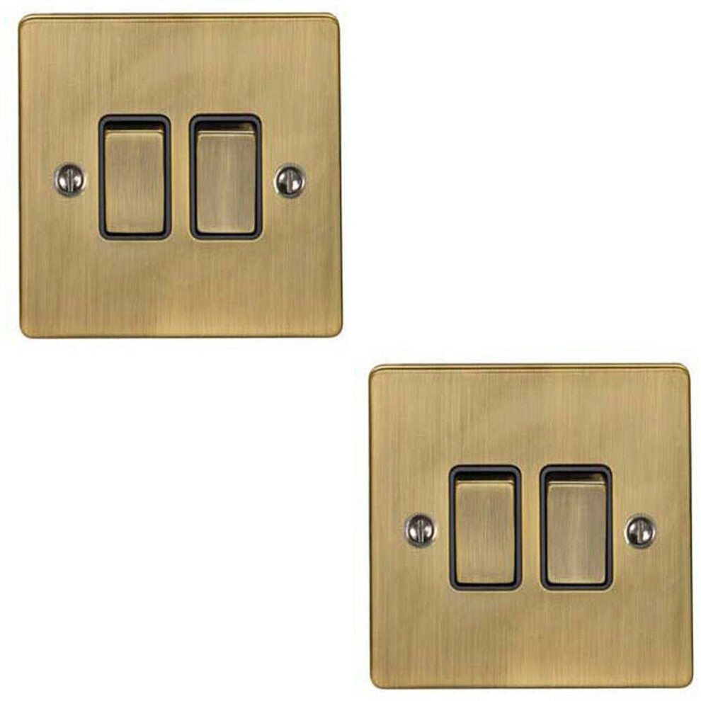 2 PACK 2 Gang Double Metal Light Switch ANTIQUE BRASS 2 Way 10A Black Trim