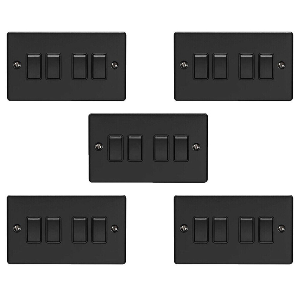 5 PACK 4 Gang Quad Light Switch MATT BLACK 2 Way 10A Black Trim