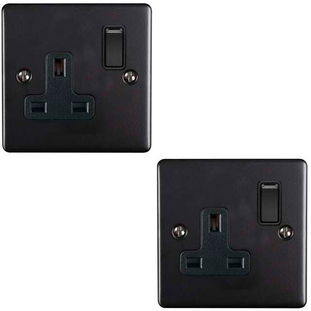 2 PACK 1 Gang Single UK Plug Socket MATT BLACK 13A Switched Power Outlet