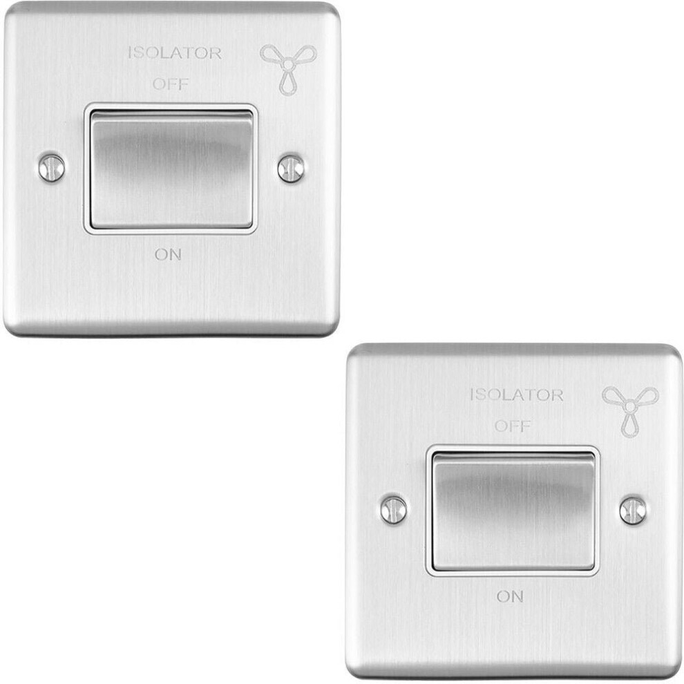 2 PACK 6A Extractor Fan Isolator Switch SATIN STEEL & White Trim 3 Pole Shower