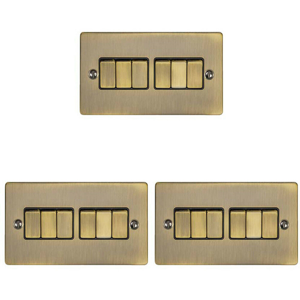 3 PACK 6 Gang Metal Multi Light Switch ANTIQUE BRASS 2 Way 10A Black Trim