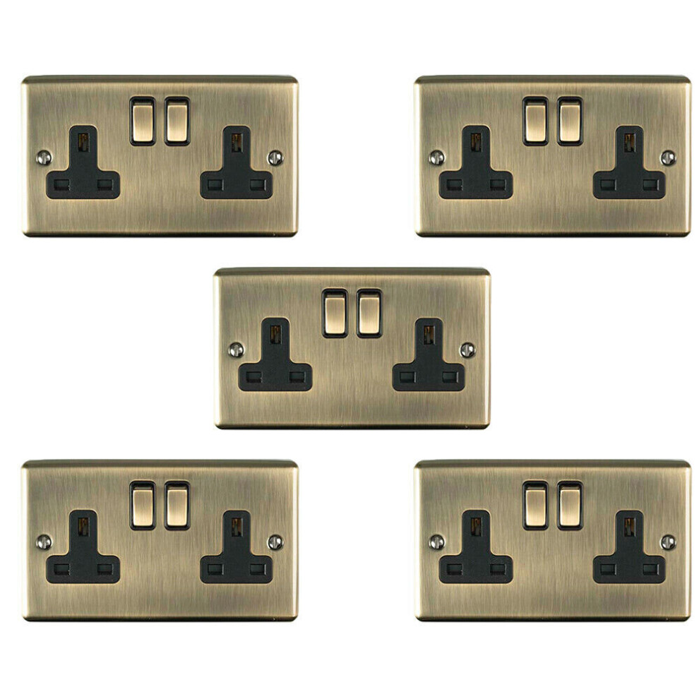 5 PACK 2 Gang Double UK Plug Socket ANTIQUE BRASS 13A Switched Power Outlet