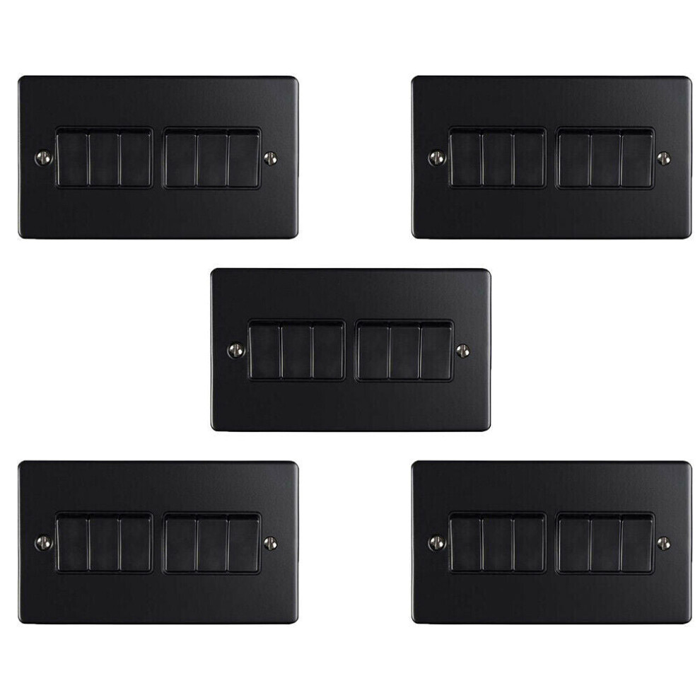 5 PACK 6 Gang Metal Multi Light Switch MATT BLACK 2 Way 10A Black Trim