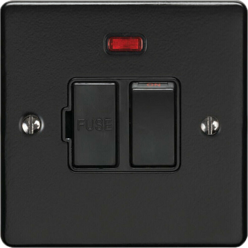 13A DP Switched Fuse Spur & Neon Light MATT BLACK & Black Mains Isolation