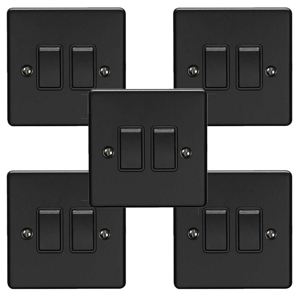 5 PACK 2 Gang Double Metal Light Switch MATT BLACK 2 Way 10A Black Trim