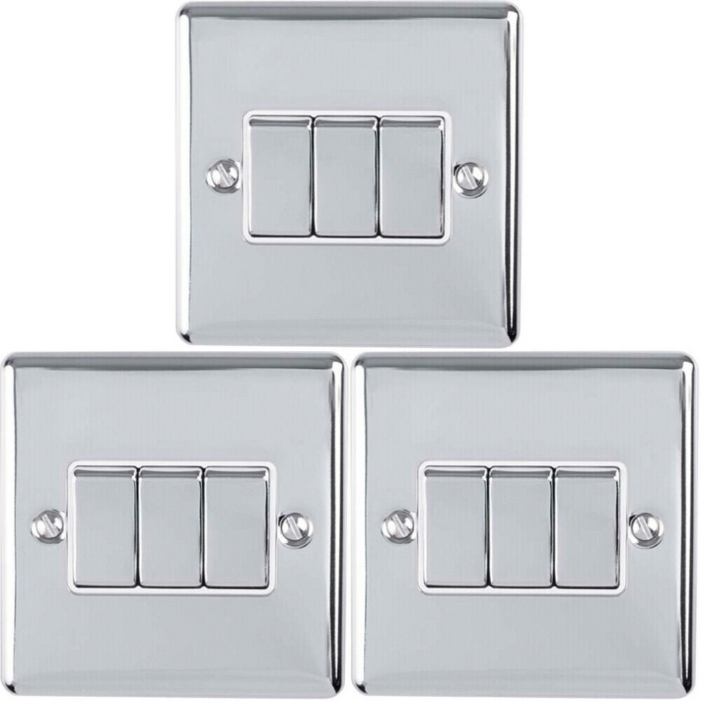 3 Pack 3 Gang Triple Metal Light Switch Satin Steel 2 Way 10A Grey Trim 5056524217894