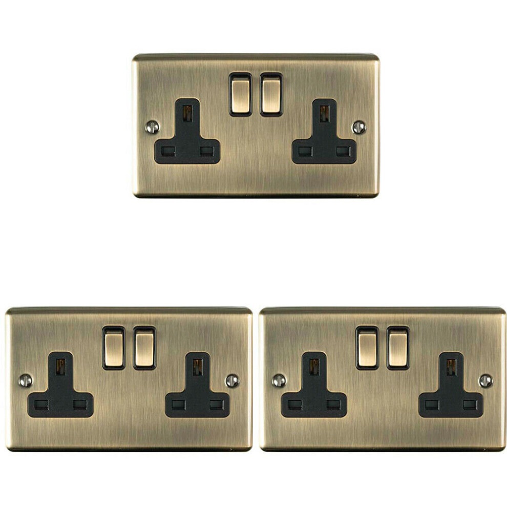 3 PACK 2 Gang Double UK Plug Socket ANTIQUE BRASS 13A Switched Power Outlet