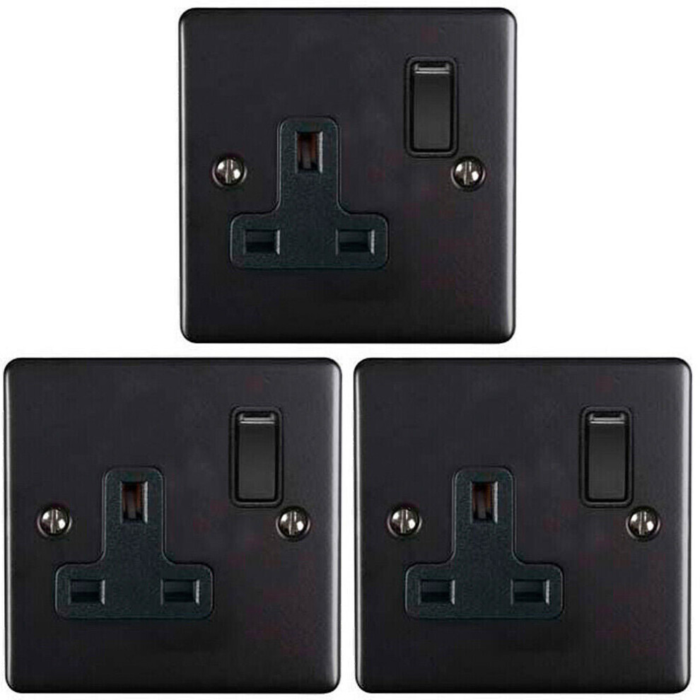 3 PACK 1 Gang Single UK Plug Socket MATT BLACK 13A Switched Power Outlet