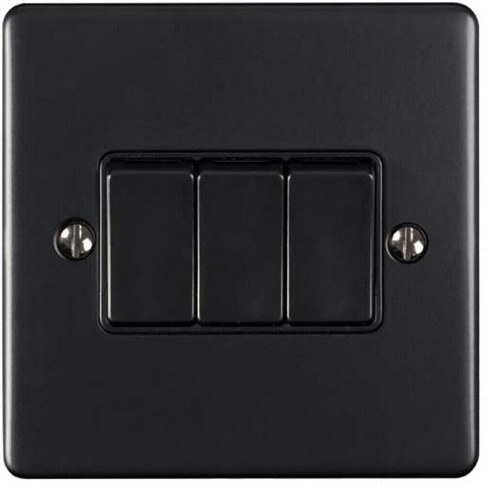 3 Gang Triple Light Switch Matt Black 2 Way 10A Black Trim & Metal Rocker 5056524222218