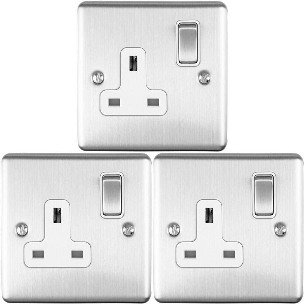 3 PACK 1 Gang Single UK Plug Socket SATIN STEEL 13A Switched White Trim Plate