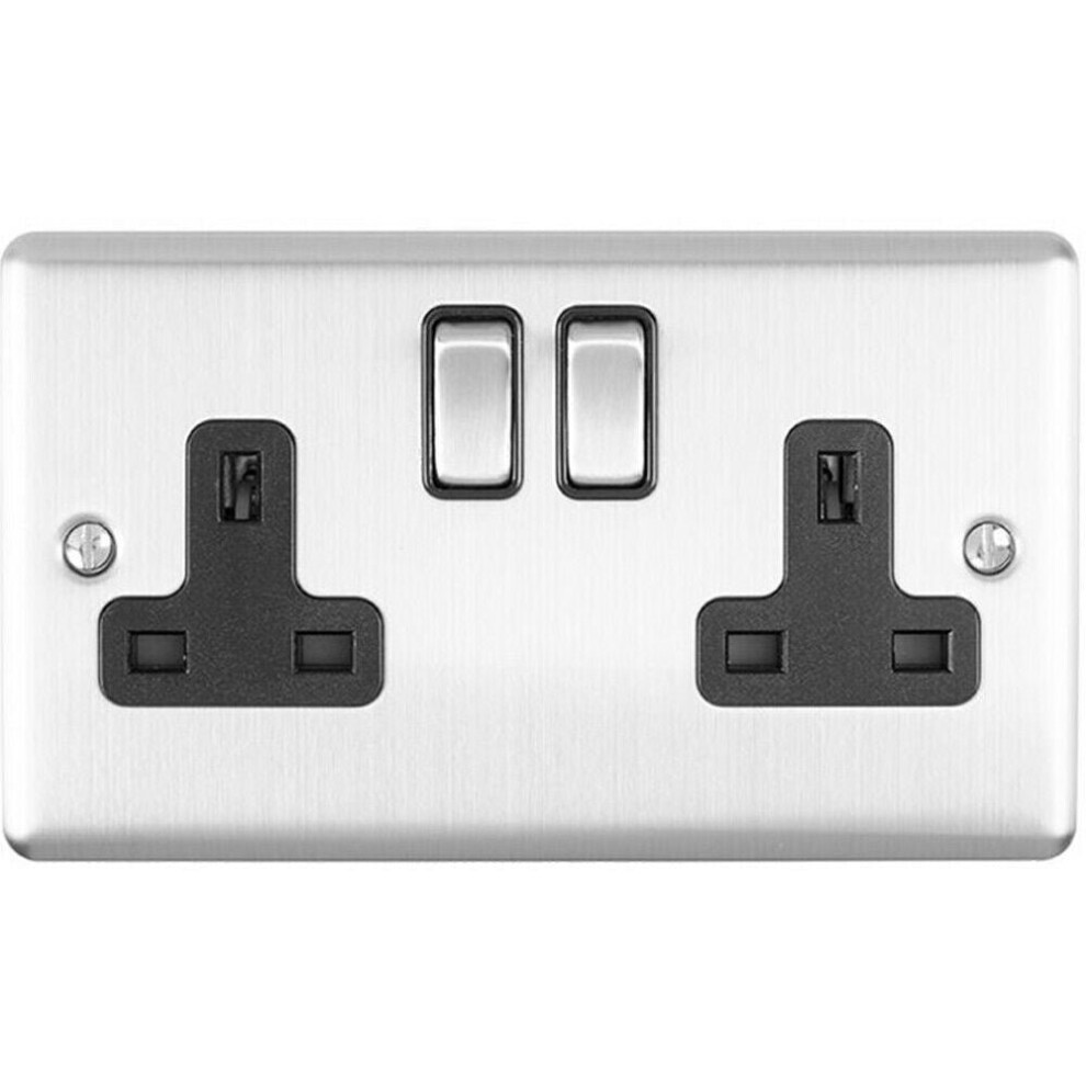 2 Gang Double UK Plug Socket SATIN STEEL 13A Switched Black Trim Power Outlet