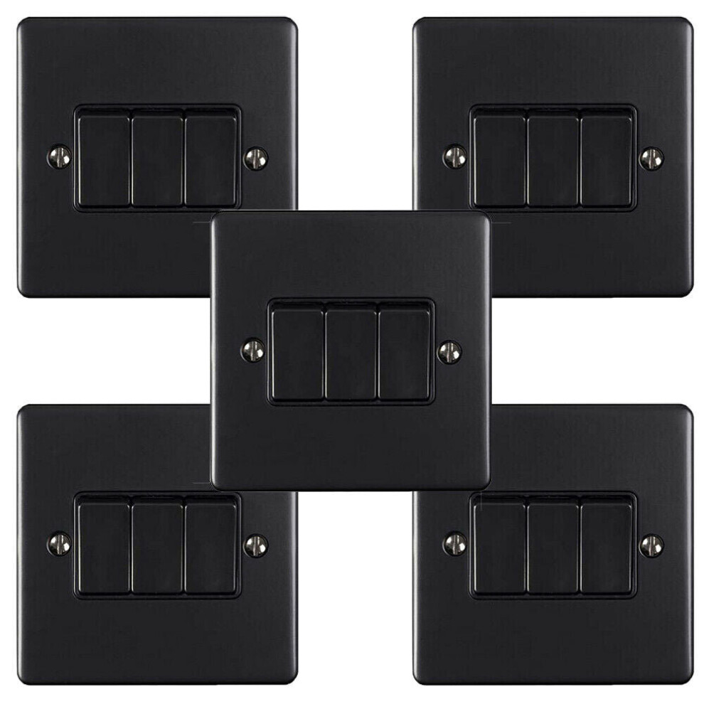 5 PACK 3 Gang Metal Triple Light Switch MATT BLACK 2 Way 10A Black Trim