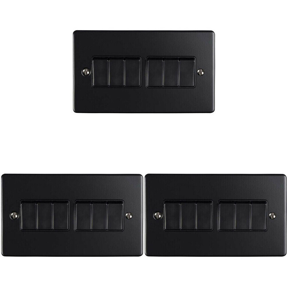 Loops 3 Pack 6 Gang Metal Multi Light Switch Matt Black 2 Way 10A Black Trim