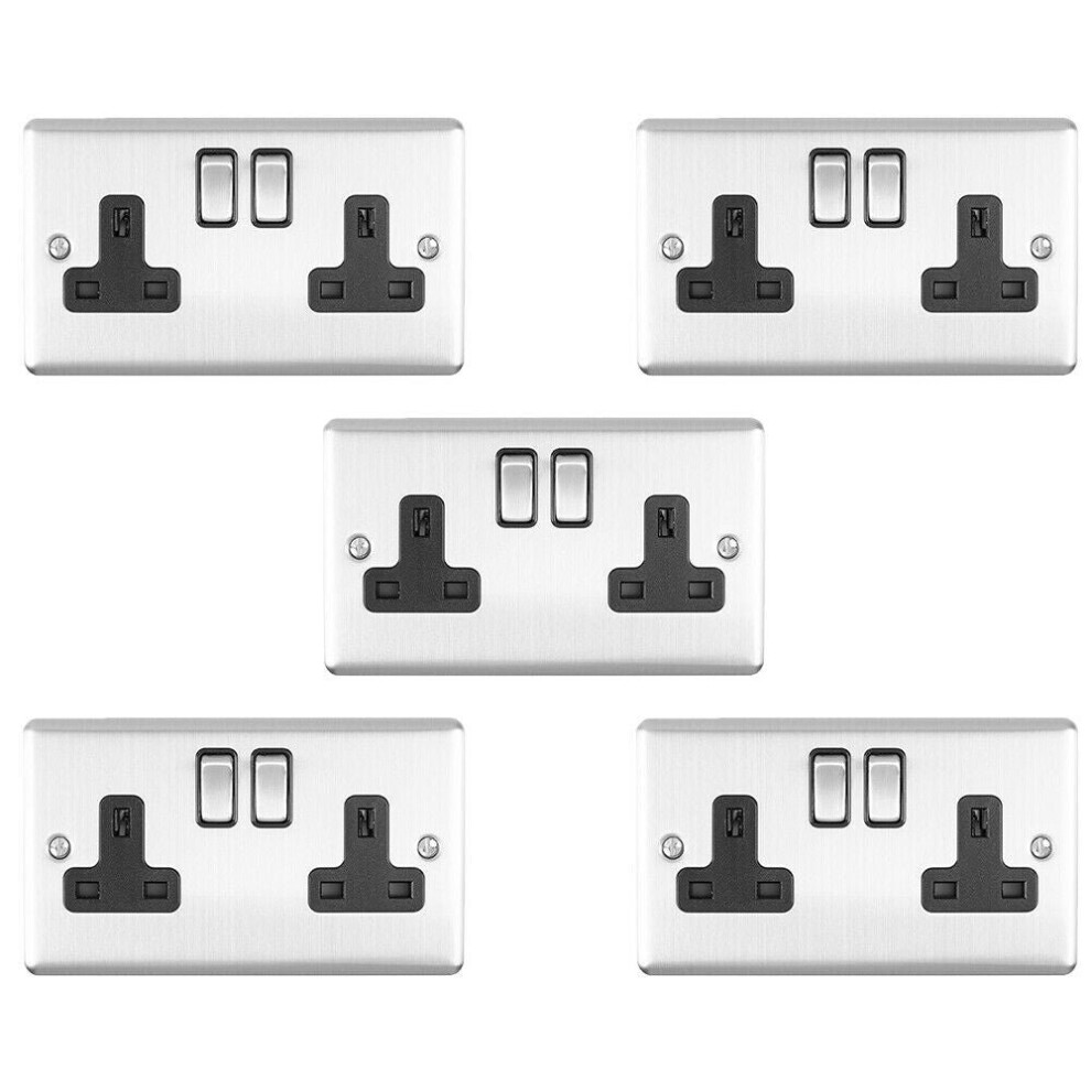 5 Pack 2 Gang Double Uk Plug Socket Satin Steel & Black 13A Switched Outlet 5056524218648
