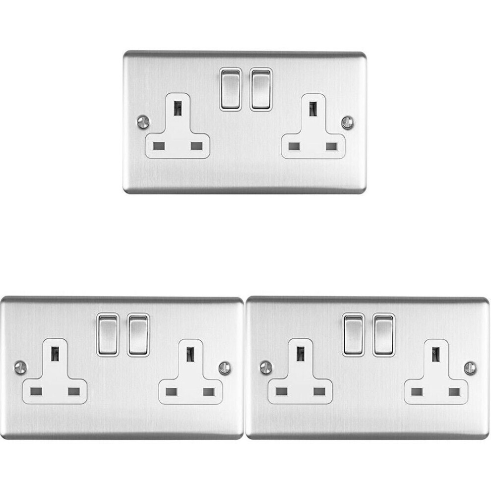 3 PACK 2 Gang Double UK Plug Socket SATIN STEEL & White 13A Switched Outlet