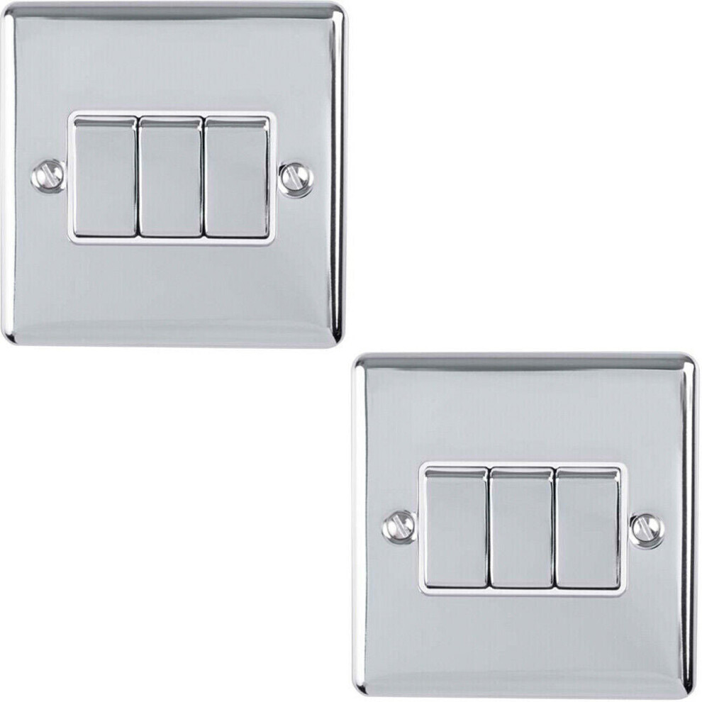 2 PACK 3 Gang Triple Metal Light Switch SATIN STEEL 2 Way 10A Grey Trim