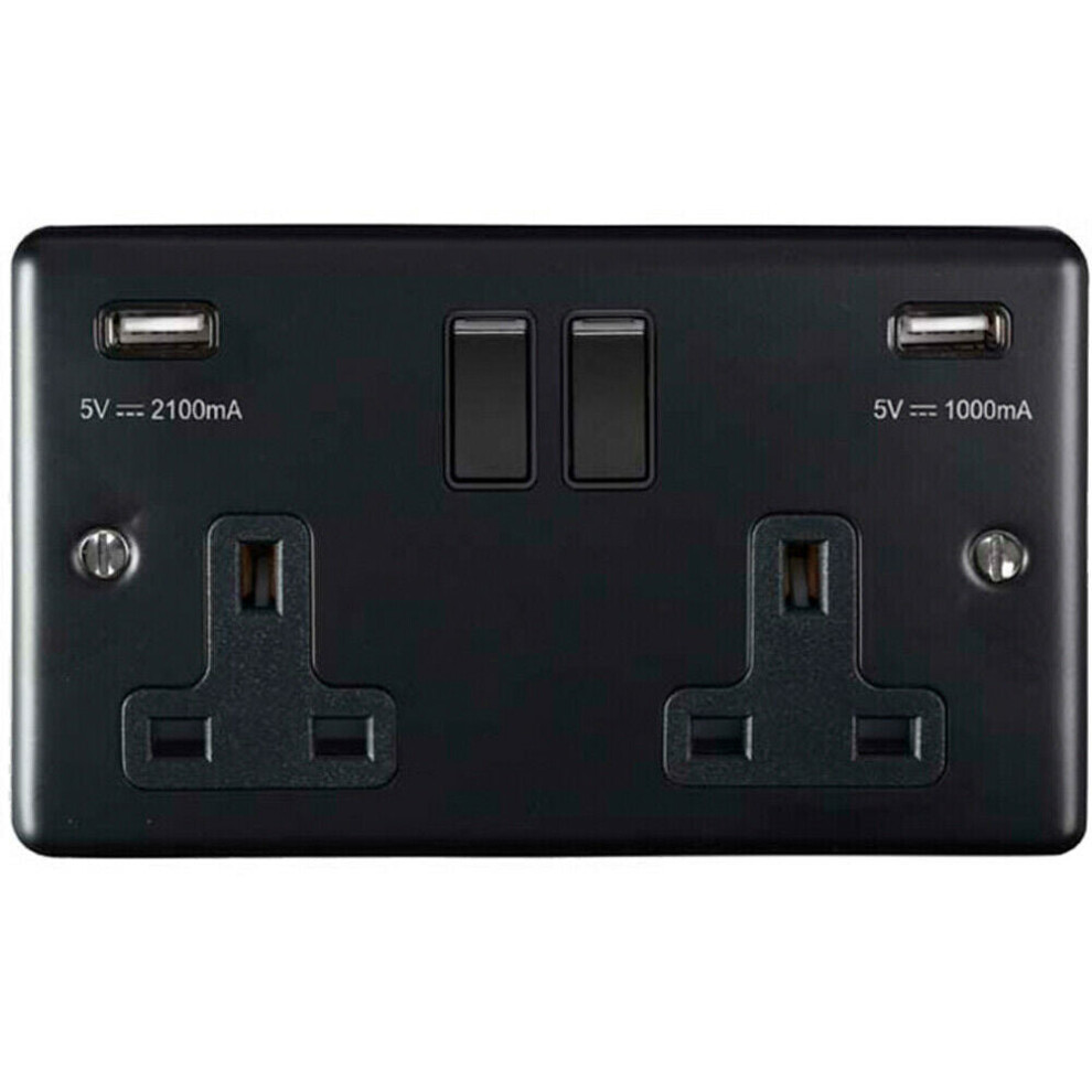 2 Gang Single UK Plug Socket & Dual 2.1A USB MATT BLACK & Black 13A Switched