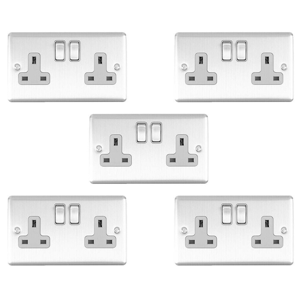 5 PACK 2 Gang Double UK Plug Socket SATIN STEEL & Grey 13A Switched Outlet