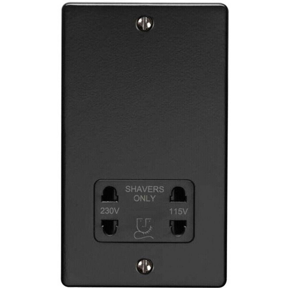 230v & 115v Shaver Twin Socket Wall Plate MATT BLACK & Black Trim 86mm x 146mm