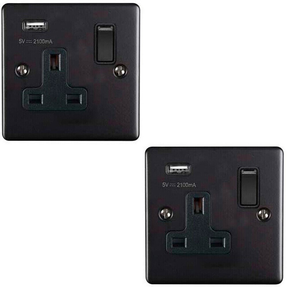 2 PACK 1 Gang Single UK Plug Socket & 2.1A USB MATT BLACK & Black 13A Switched