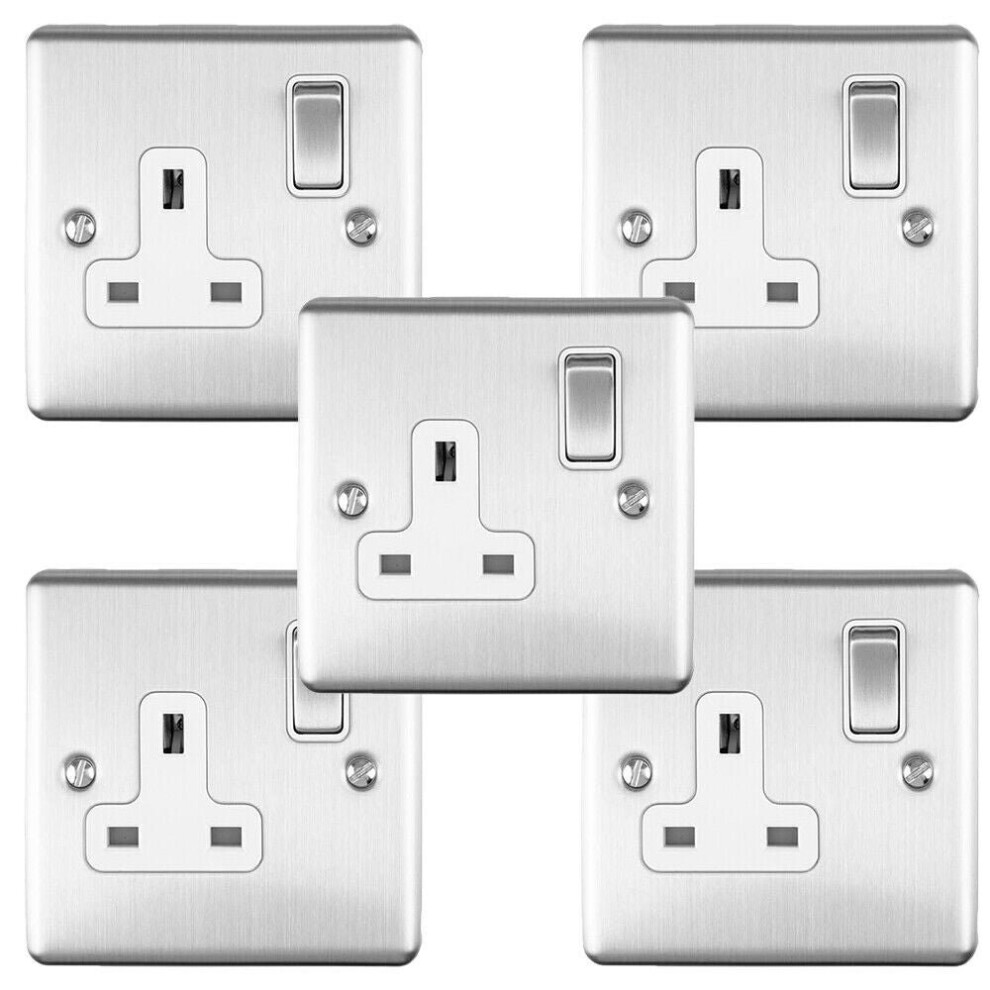 5 PACK 1 Gang Single UK Plug Socket SATIN STEEL 13A Switched White Trim Plate