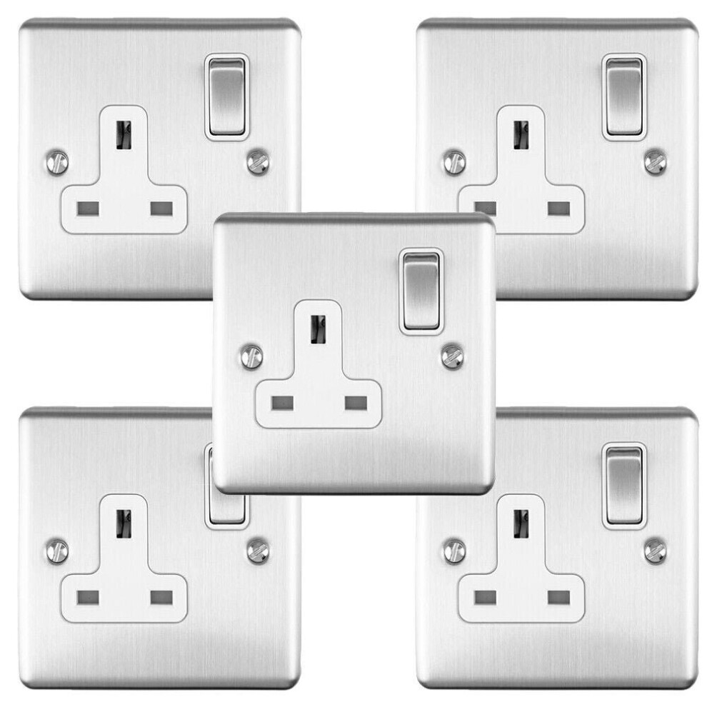 5 Pack 1 Gang Single Uk Plug Socket Satin Steel 13A Switched White Trim Plate