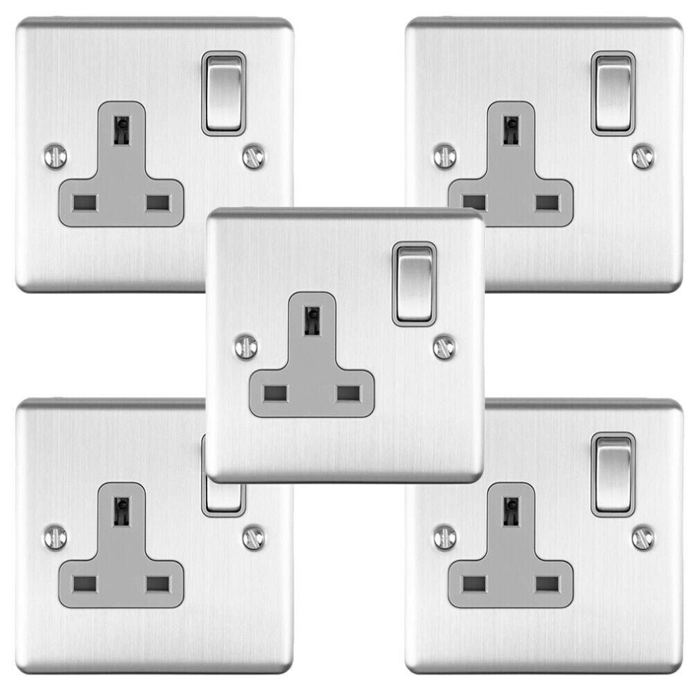 5 PACK 1 Gang Single UK Plug Socket SATIN STEEL 13A Switched Grey Trim Plate