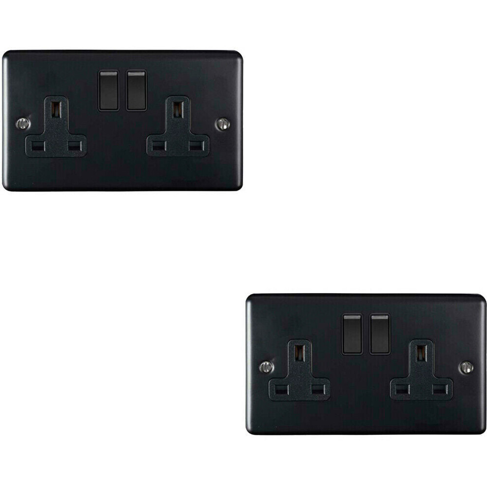 2 PACK 2 Gang Double UK Plug Socket MATT BLACK 13A Switched Power Outlet