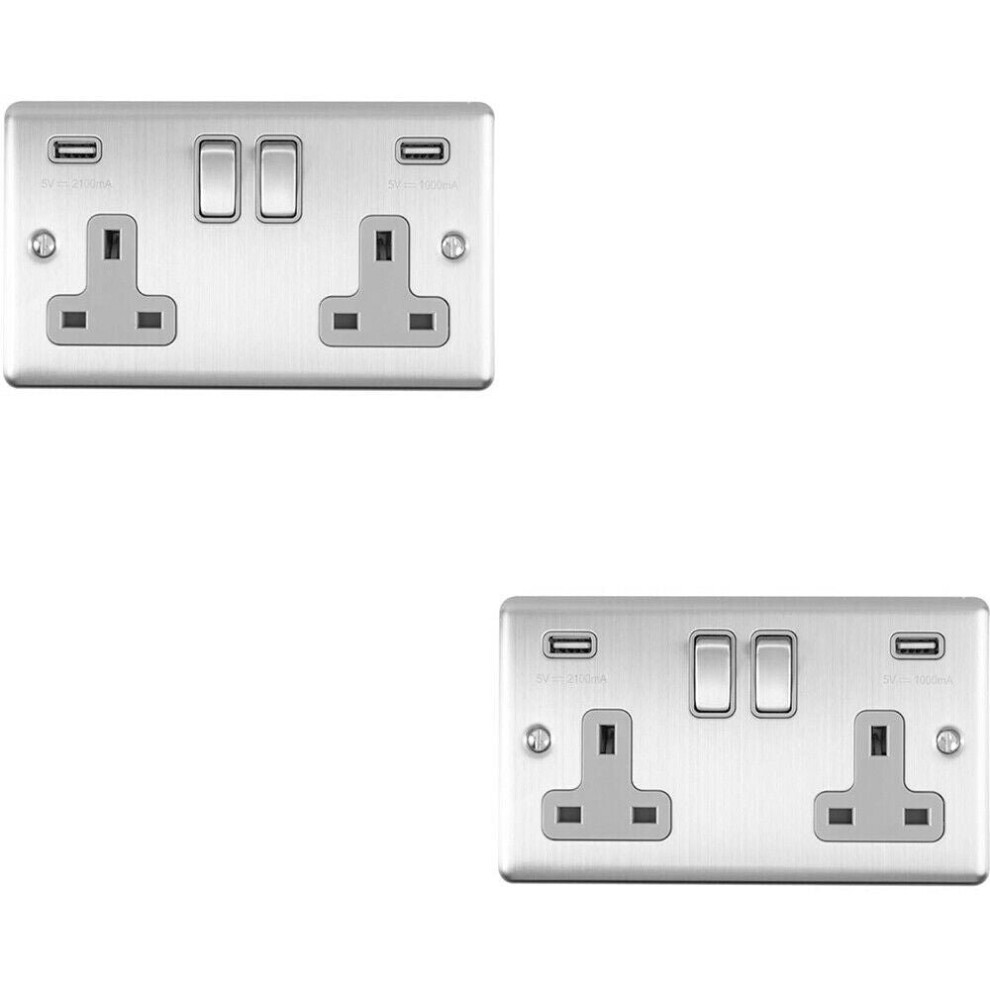 2 PACK 2 Gang Single UK Plug Socket & 2.1A USB SATIN STEEL & Grey 13A Switched