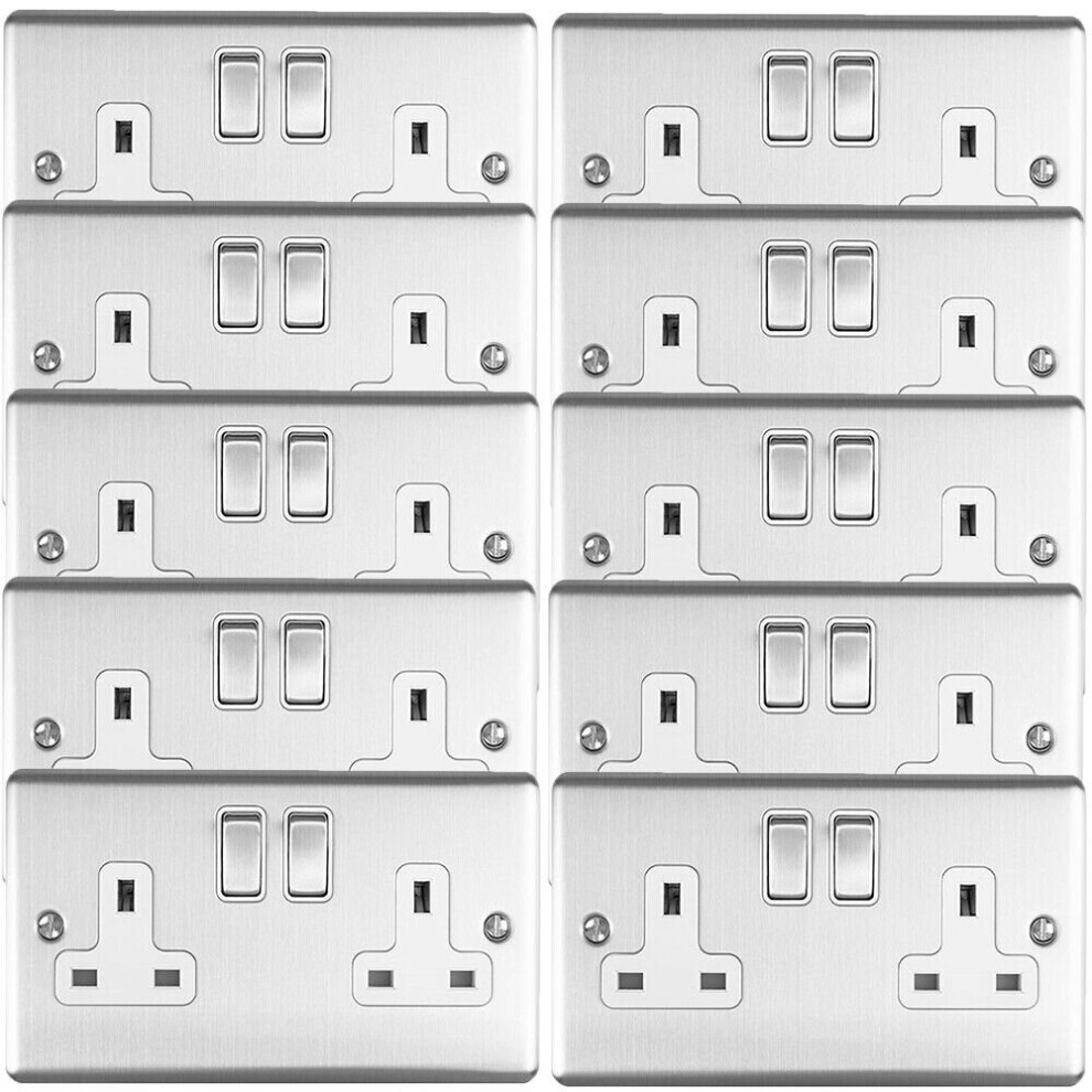 10 PACK 2 Gang Double UK Plug Socket SATIN STEEL & White 13A Switched Outlet