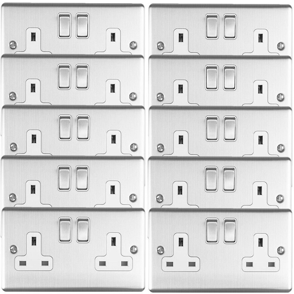 10 PACK 2 Gang Double UK Plug Socket SATIN STEEL & White 13A Switched Outlet