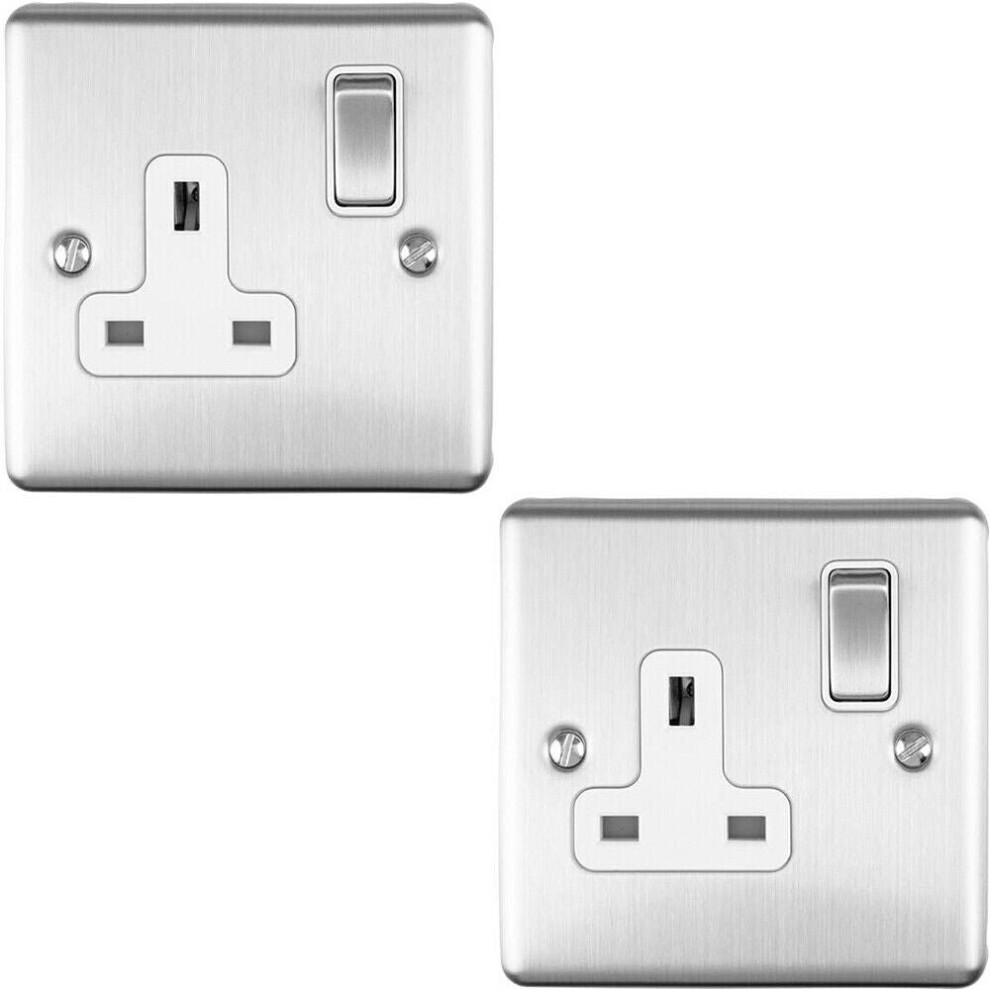 2 PACK 1 Gang Single UK Plug Socket SATIN STEEL 13A Switched White Trim Plate