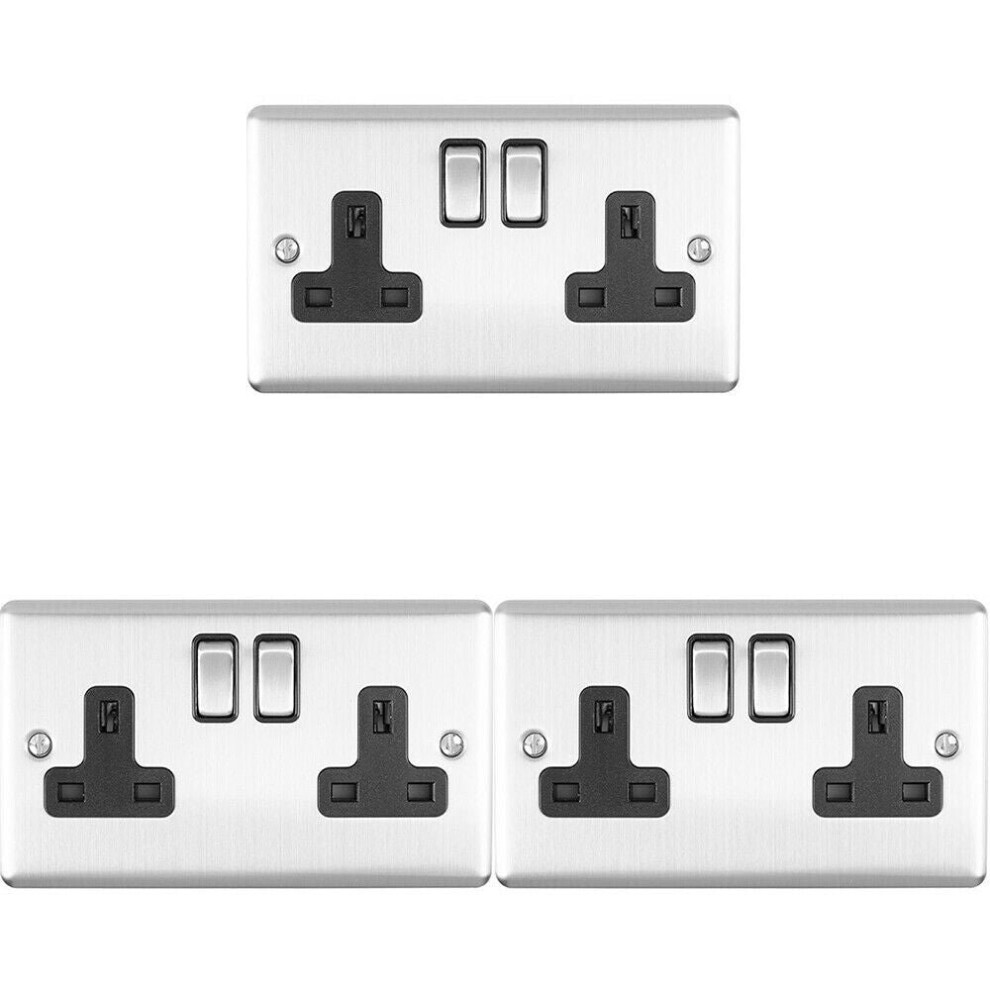 3 PACK 2 Gang Double UK Plug Socket SATIN STEEL & Black 13A Switched Outlet